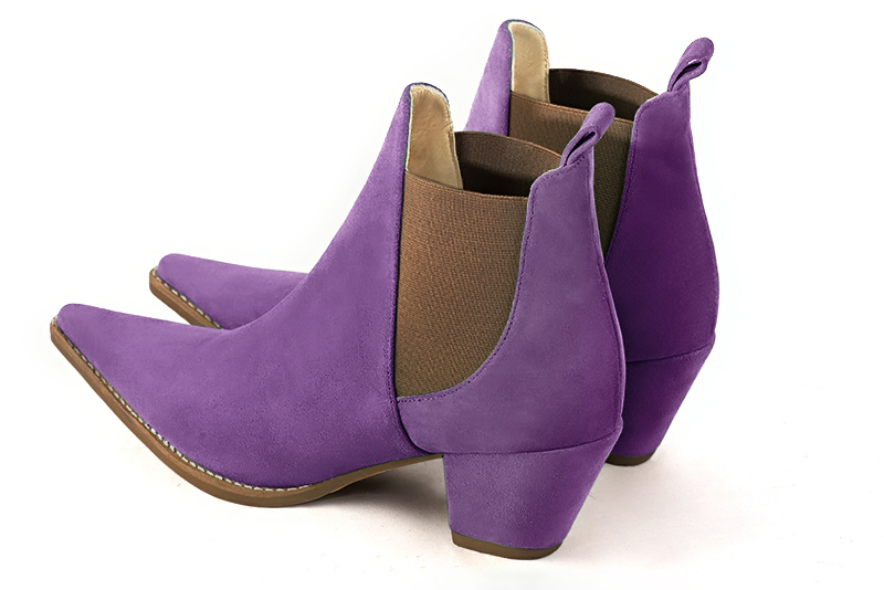 Amethyst purple and taupe brown women's ankle boots, with elastics. Pointed toe. Medium cone heels. Rear view - Florence KOOIJMAN